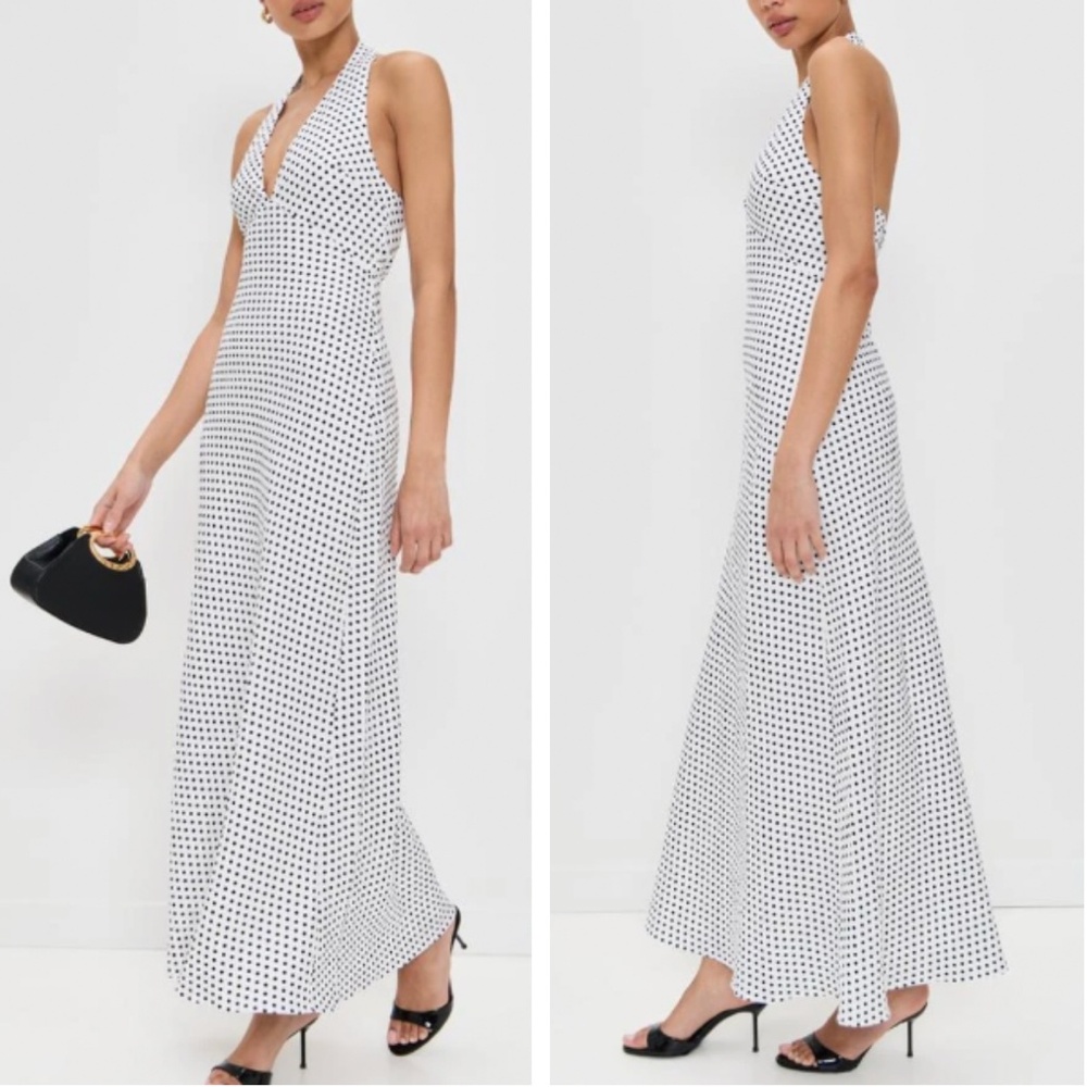 BEST Reformation Delilah Linen Maxi Dress Eclipse Dot Polka Dot Vacation Halter - Picture 2 of 11